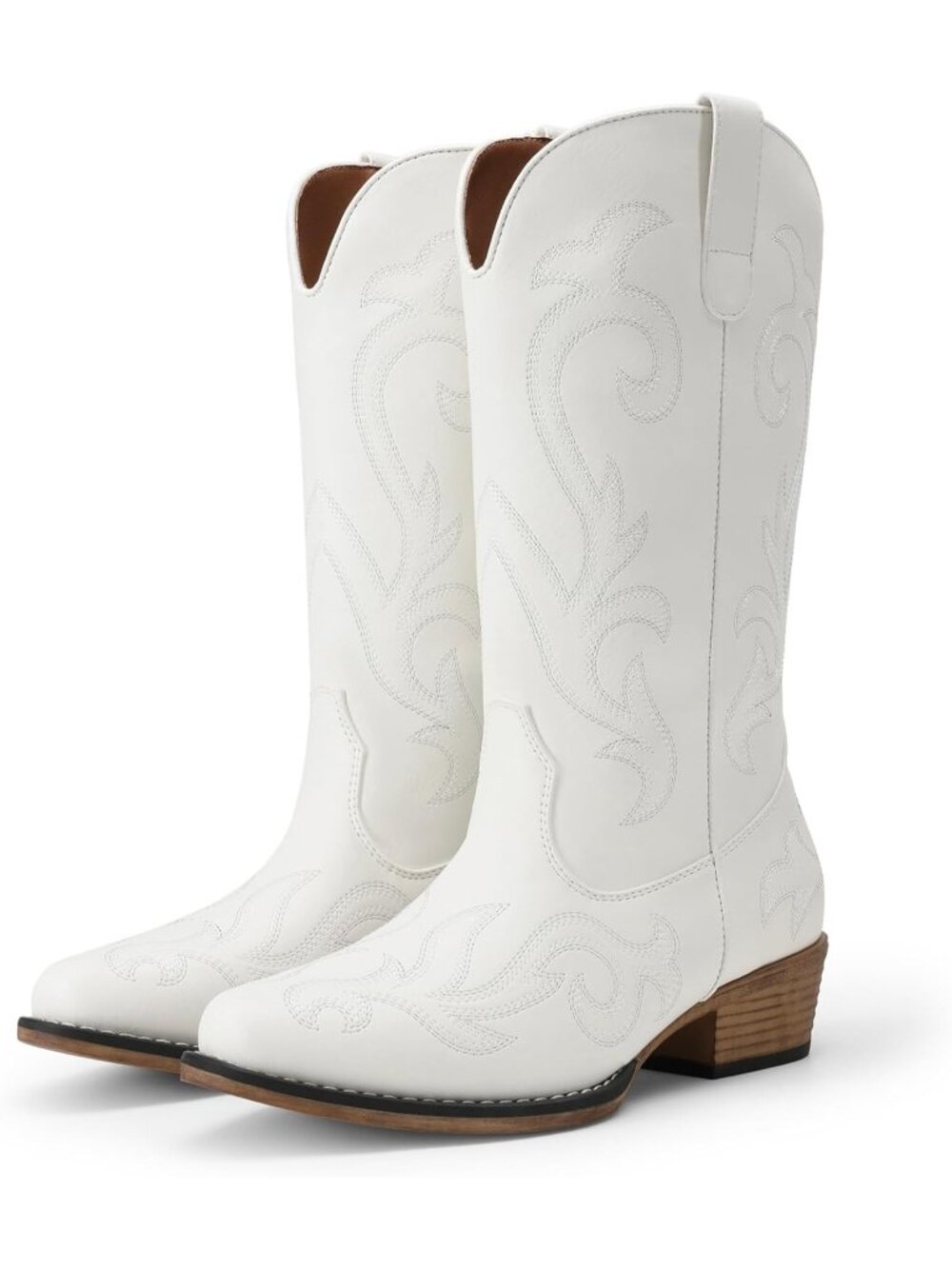 DREAM PAIRS Women's Classic White Square Toe Western Cowgirl Mid Calf Boot Shoes